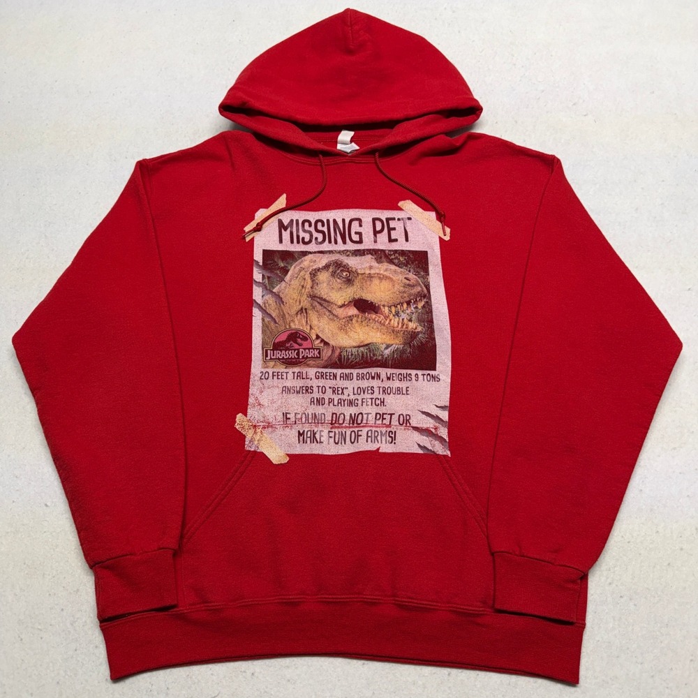 Jurassic Park Missing Pet T-Rex Graphic Hoodie Red Jerzees NuBlend Mens Large